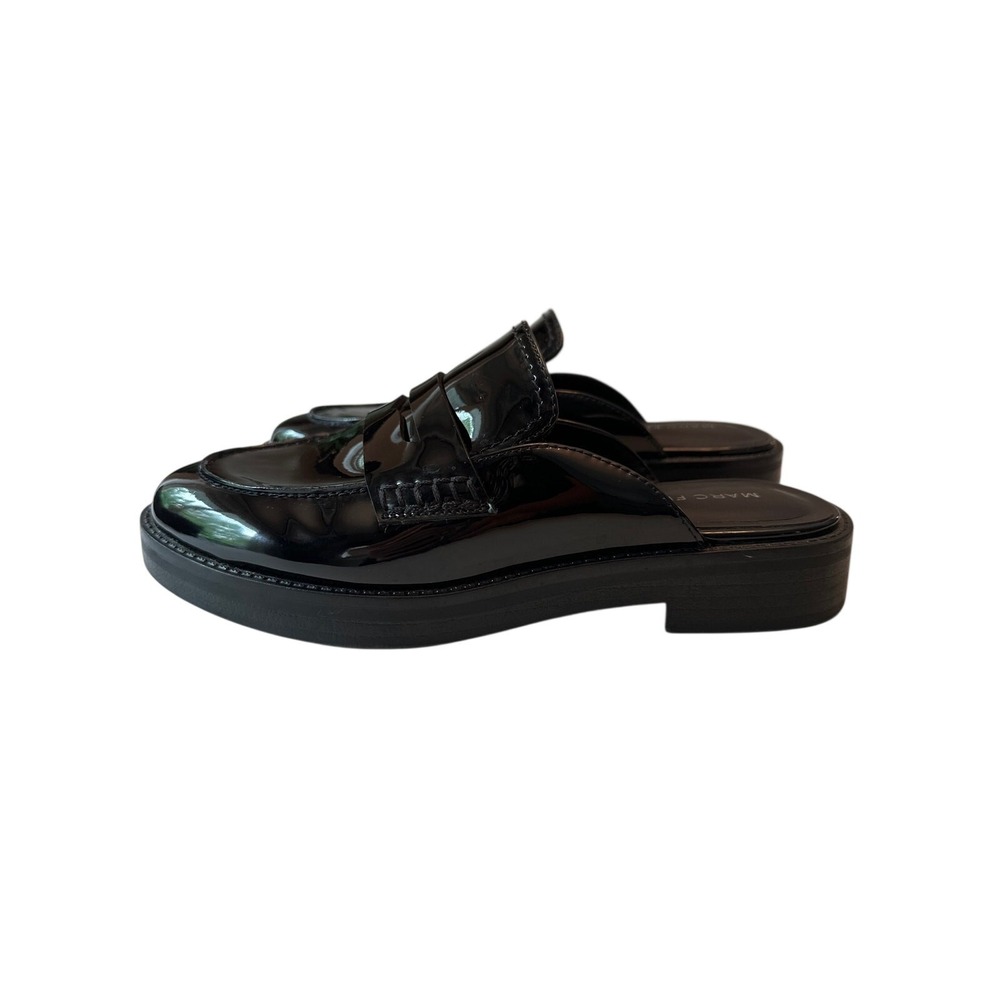 Marc Fisher Burlesk Black Patent  Loafer Mules 7 Chunky Preppy Dark Academia